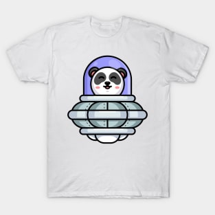 Cute panda driving spaceship ufo cartoon T-Shirt